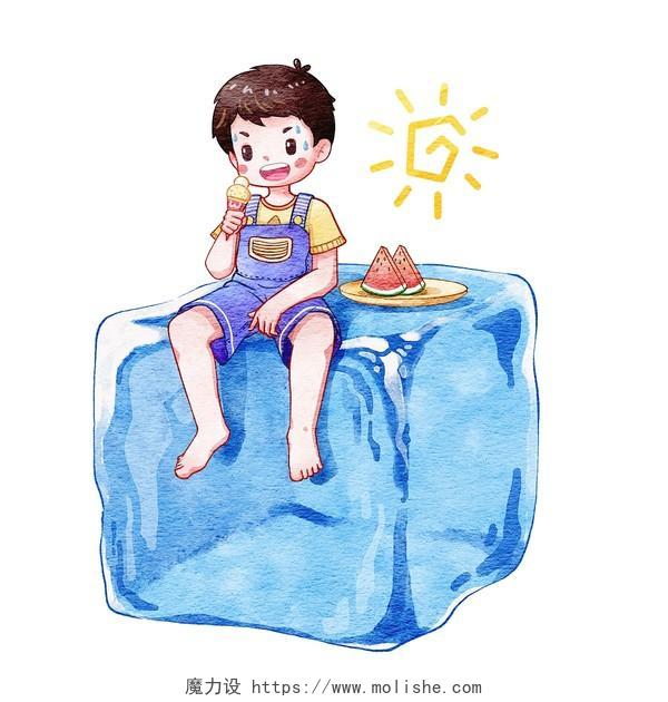 卡通清凉一夏大暑冰块可爱男孩吃甜筒插画素材png